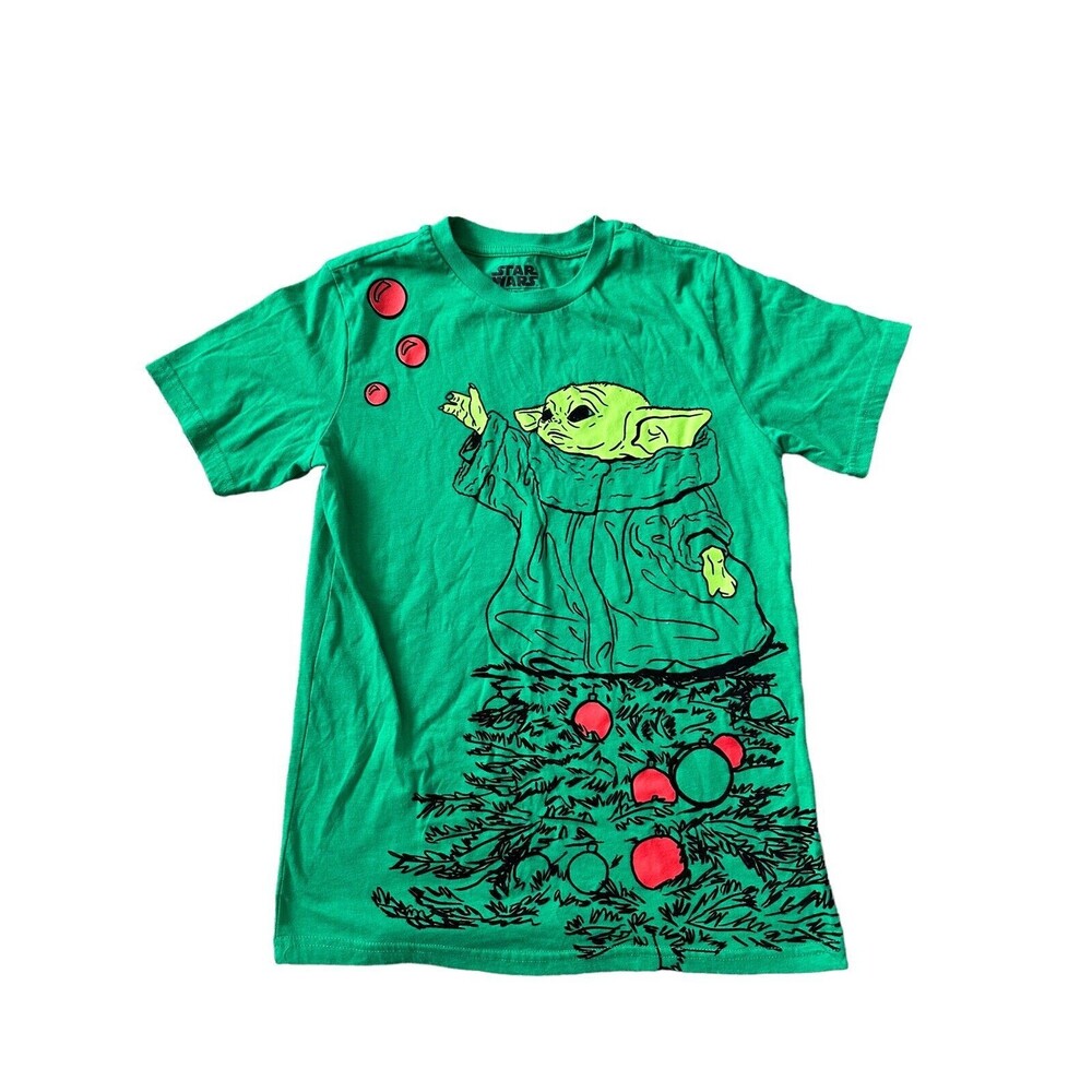 Star Wars Mandalorian Baby Yoda Graphic Tee Youth XL Christmas Flocked Grogu